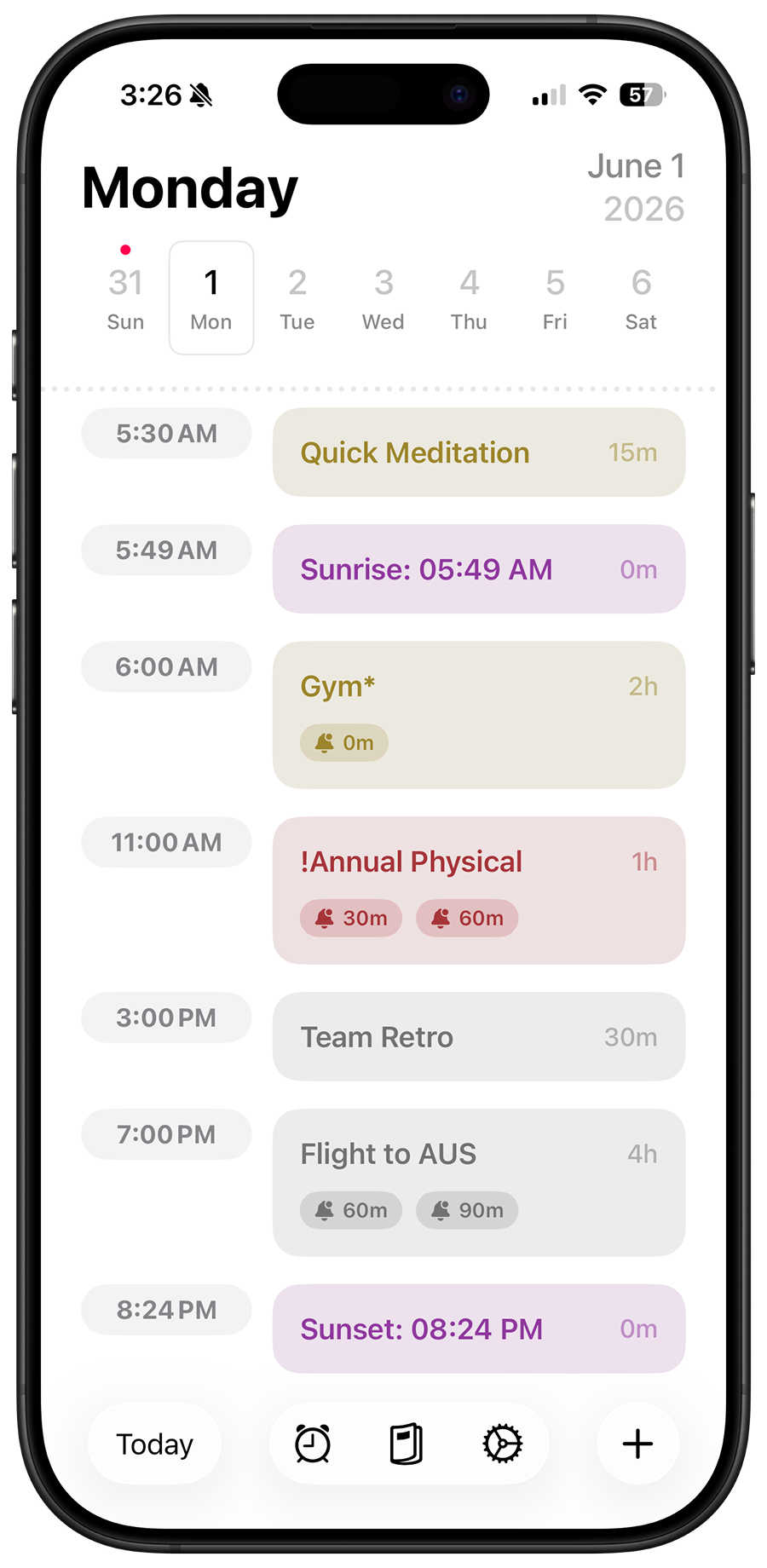 Screenshot of Beacon's agenda view showing upcoming events and alarms.